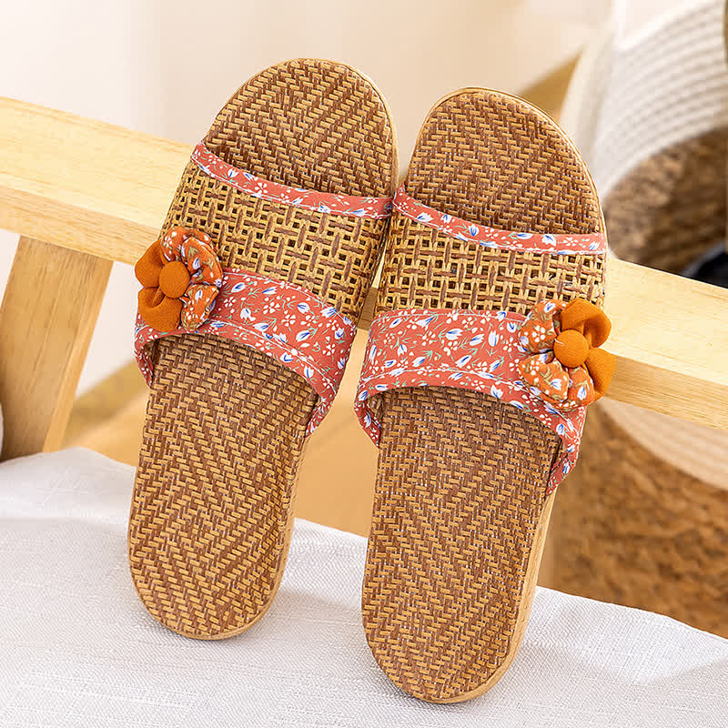 Floral Rattan Straw Slides House Slippers - Orange - L - image 4