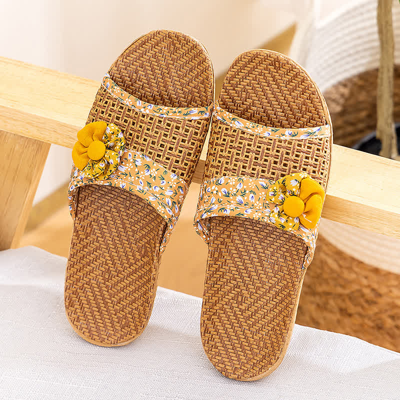 Floral Rattan Straw Slides House Slippers - Yellow - L - image 13