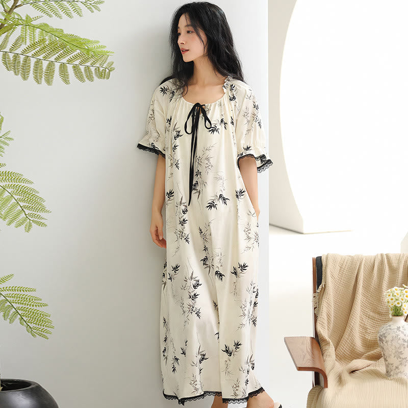 Bamboo Print Ruffle Neck Cotton Nightgown - image 1
