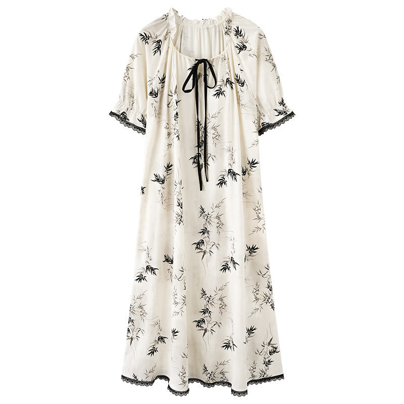 Bamboo Print Ruffle Neck Cotton Nightgown - image 5
