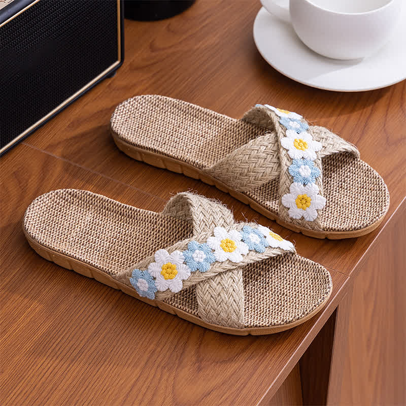 Cross-Band Woven Straw Slides Slippers - Blue - L - image 12