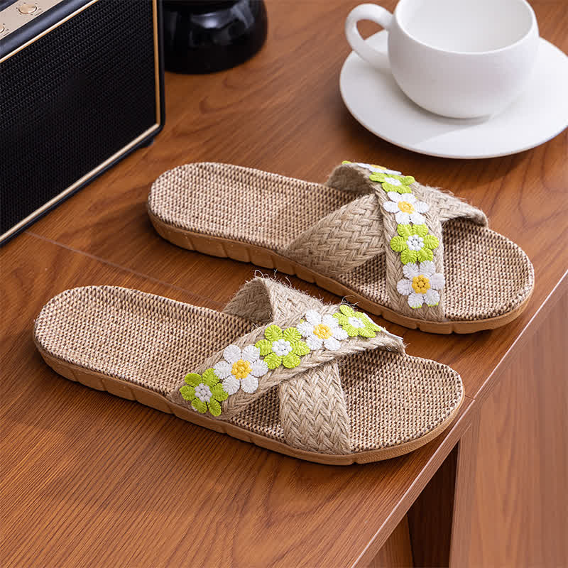Cross-Band Woven Straw Slides Slippers - Green - L - image 14