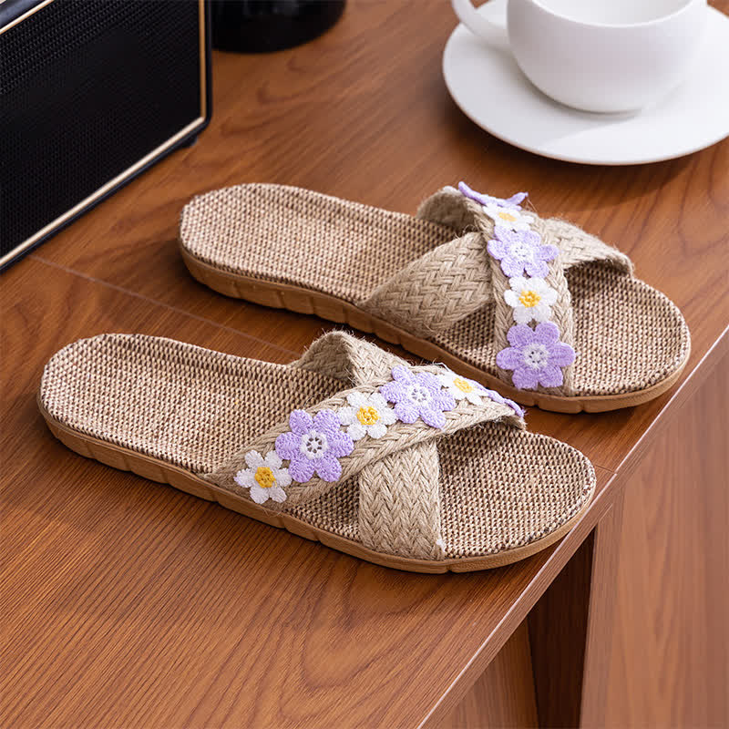 Cross-Band Woven Straw Slides Slippers - Purple - L - image 9