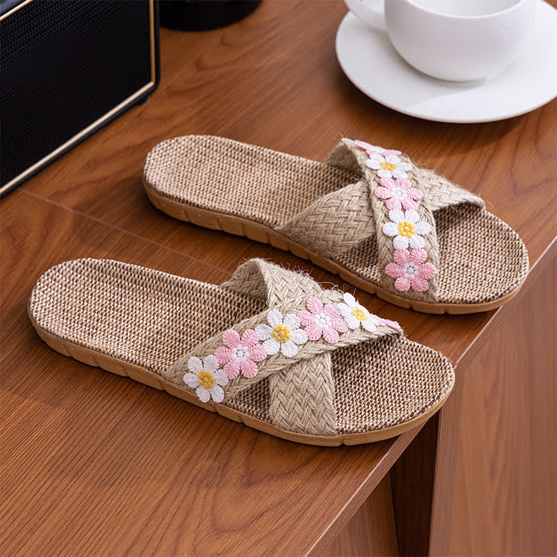 Cross-Band Woven Straw Slides Slippers - Pink - L - image 5