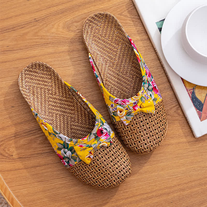 Closed-Toe Woven Rattan House Slippers - Yellow - L - image 4