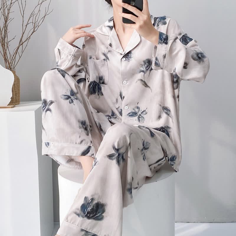 Ink Wash Floral Butterfly Pajama Set - Beige - XXL - image 0