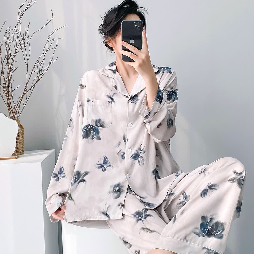 Ink Wash Floral Butterfly Pajama Set - image 1