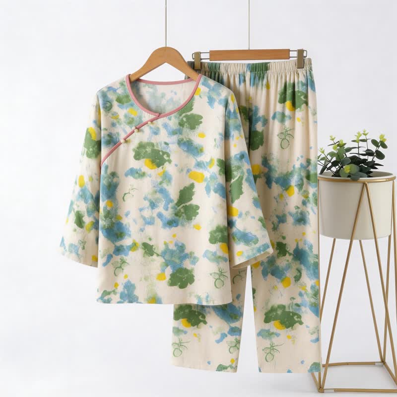 Oriental Artistic Watercolor Pajama Set - Green & Beige - 4XL - image 0