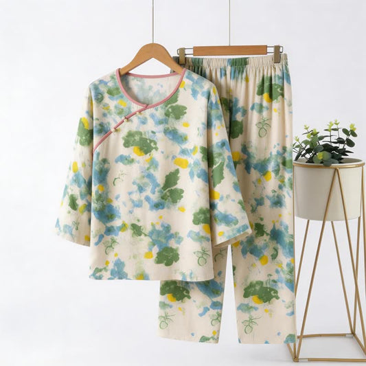 Oriental Artistic Watercolor Pajama Set - Green & Beige - 4XL - image 0
