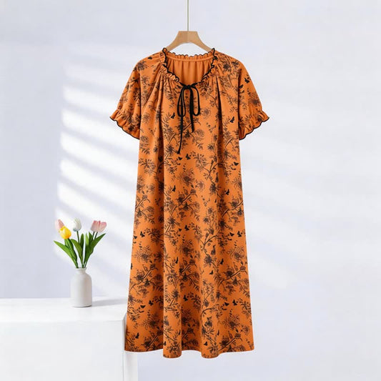 Botanical Butterfly Ruffle Neck Cotton Nightgown - Caramel - XXL - image 0