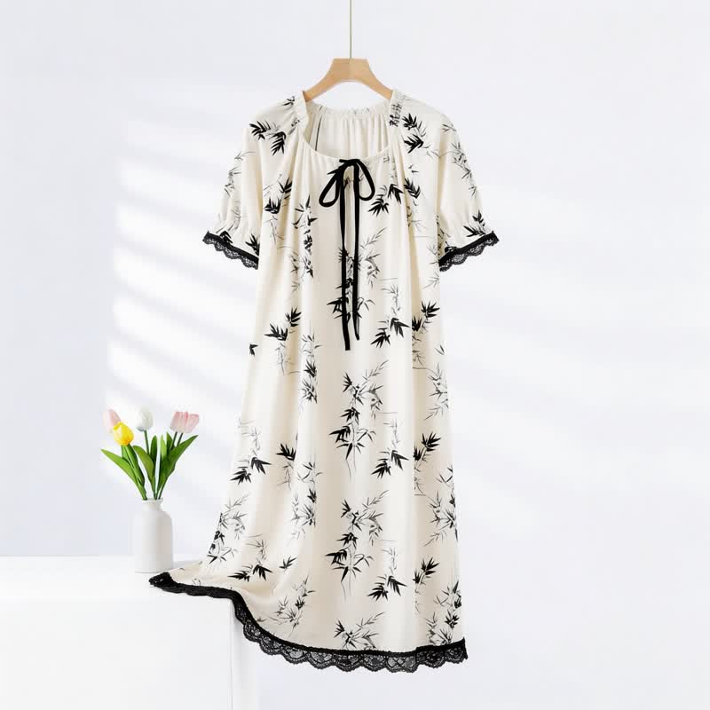 Bamboo Print Ruffle Neck Cotton Nightgown - White & Black - XXL - image 0