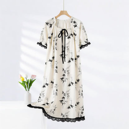 Bamboo Print Ruffle Neck Cotton Nightgown - White & Black - XXL - image 0