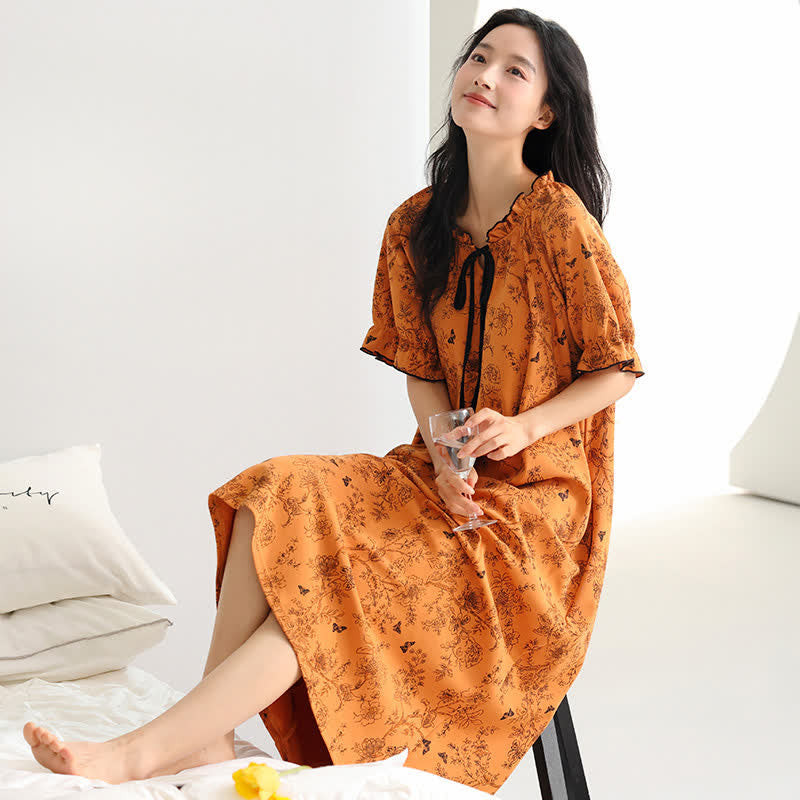 Botanical Butterfly Ruffle Neck Cotton Nightgown - image 1