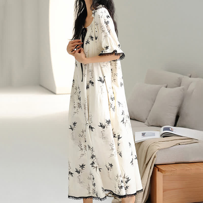 Bamboo Print Ruffle Neck Cotton Nightgown - image 3