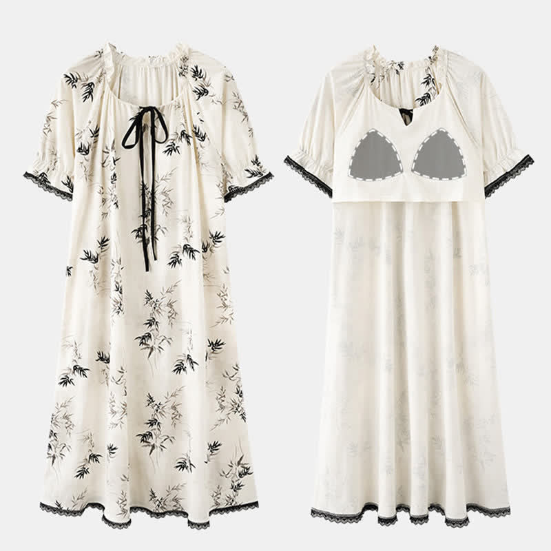 Bamboo Print Ruffle Neck Cotton Nightgown - image 4