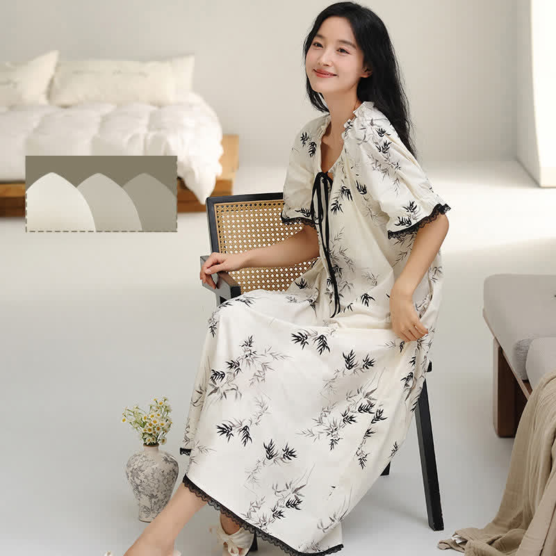 Bamboo Print Ruffle Neck Cotton Nightgown - image 2