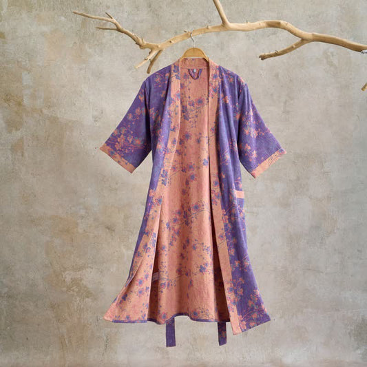 Branch & Floral Short Sleeve Cotton Robe - Purple - XL - image 0