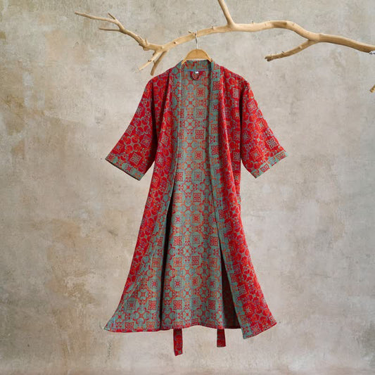 Vintgae Pattern Short Sleeve Cotton Robe - Red - XL - image 0