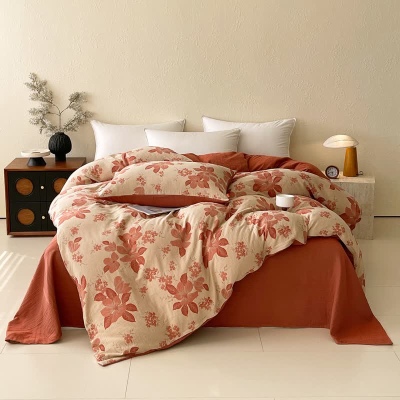 Floral Leaf Cotton Double Gauze Bedding Set(4PCS) - Pink - King - image 0