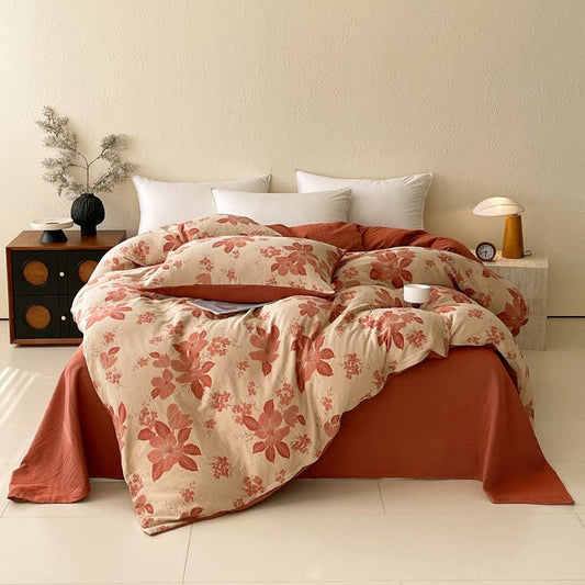 Floral Leaf Cotton Double Gauze Bedding Set(4PCS) - Pink - King - image 0