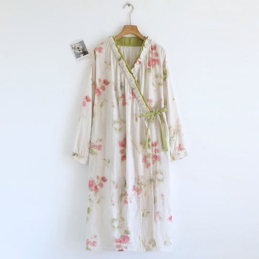 Watercolor Floral Cotton Gauze Kimono Nightgown - Green - L - image 0