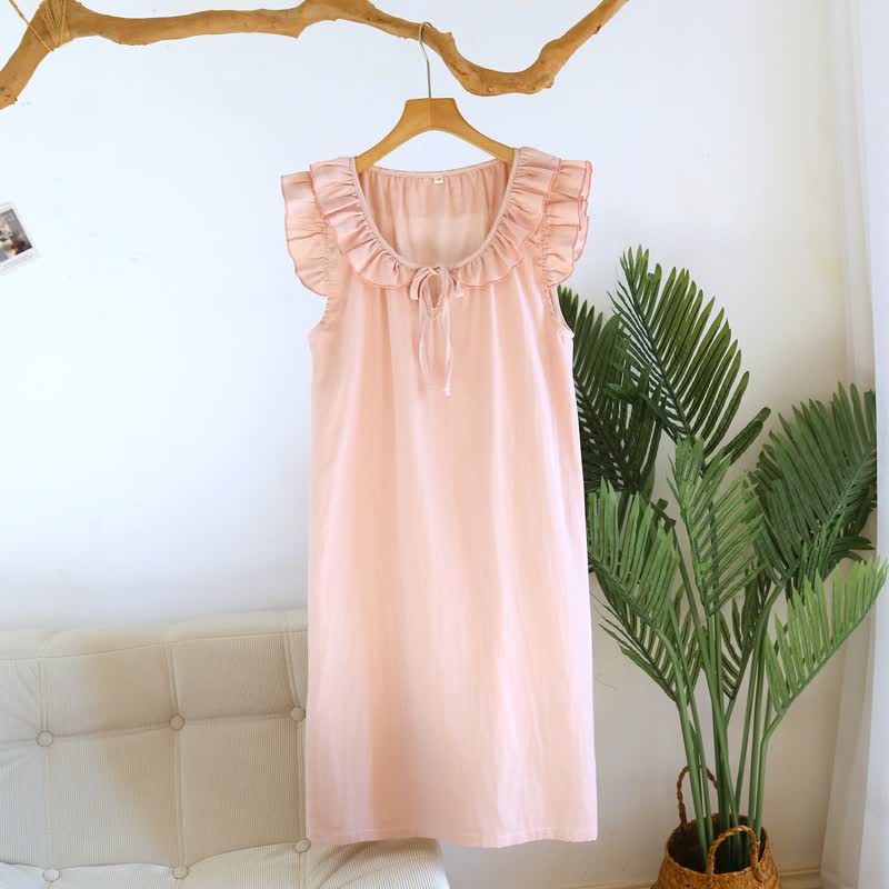 Cotton Gauze Solid Flutter Sleeve Nightdress - Pink - XL - image 4