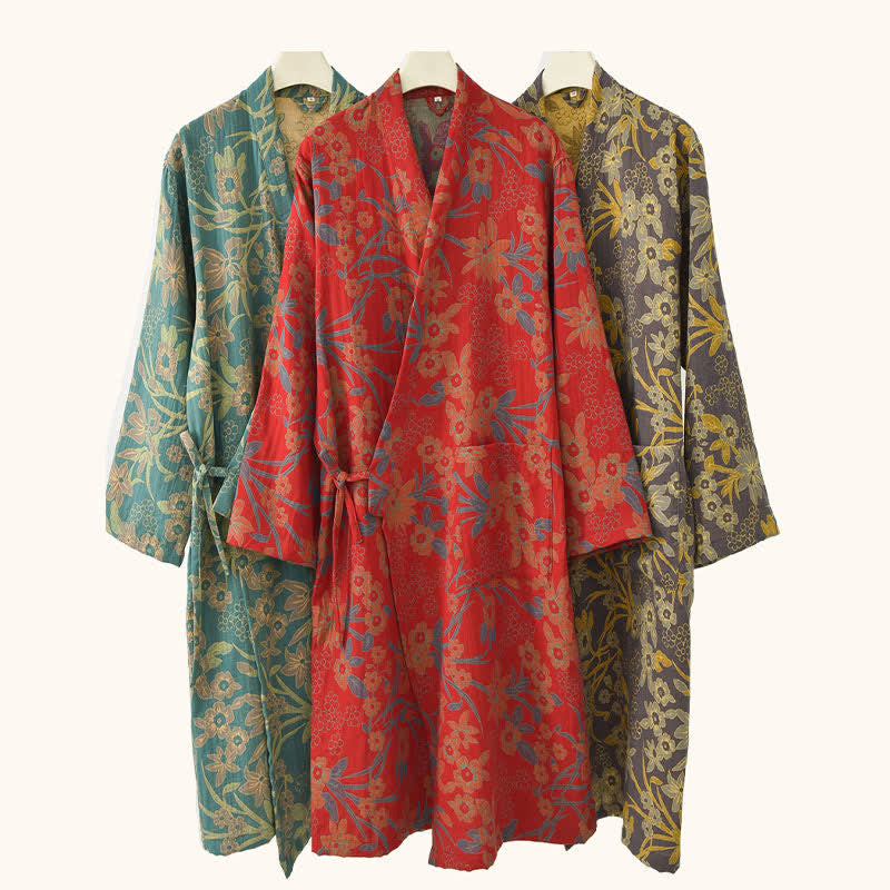 Pastoral Floral Jacquard Kimono Cotton Robe - image 1