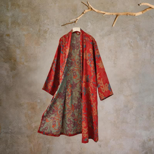 Pastoral Floral Jacquard Kimono Cotton Robe - Red - XXL - image 0