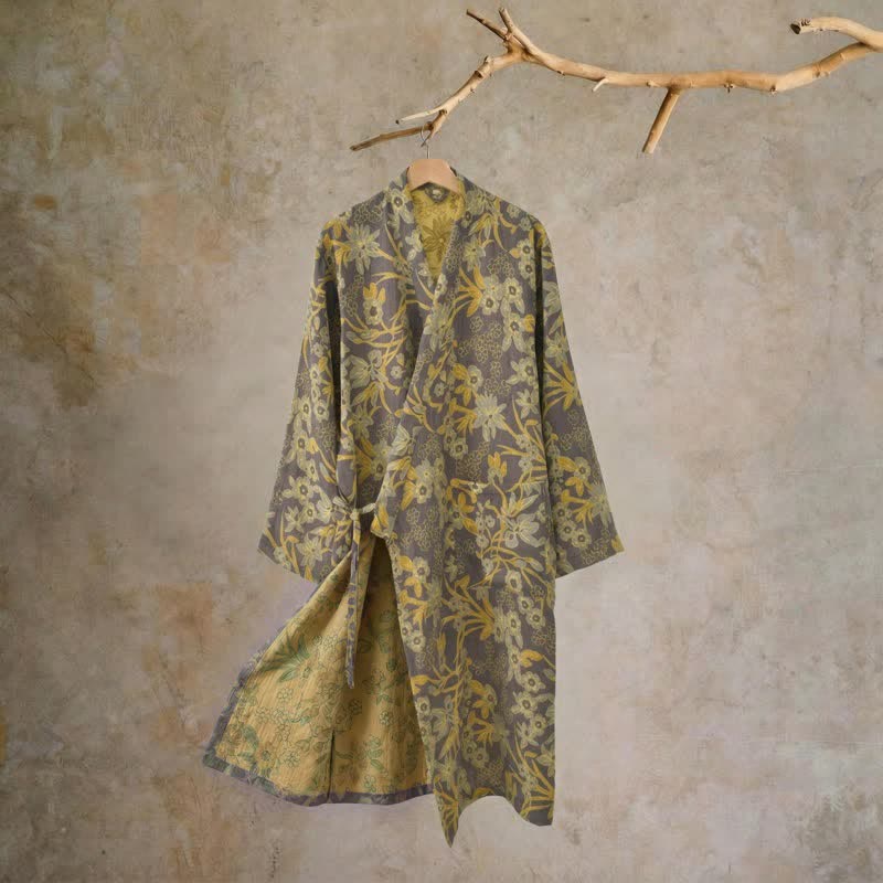 Pastoral Floral Jacquard Kimono Cotton Robe - Brown - XXL - image 19