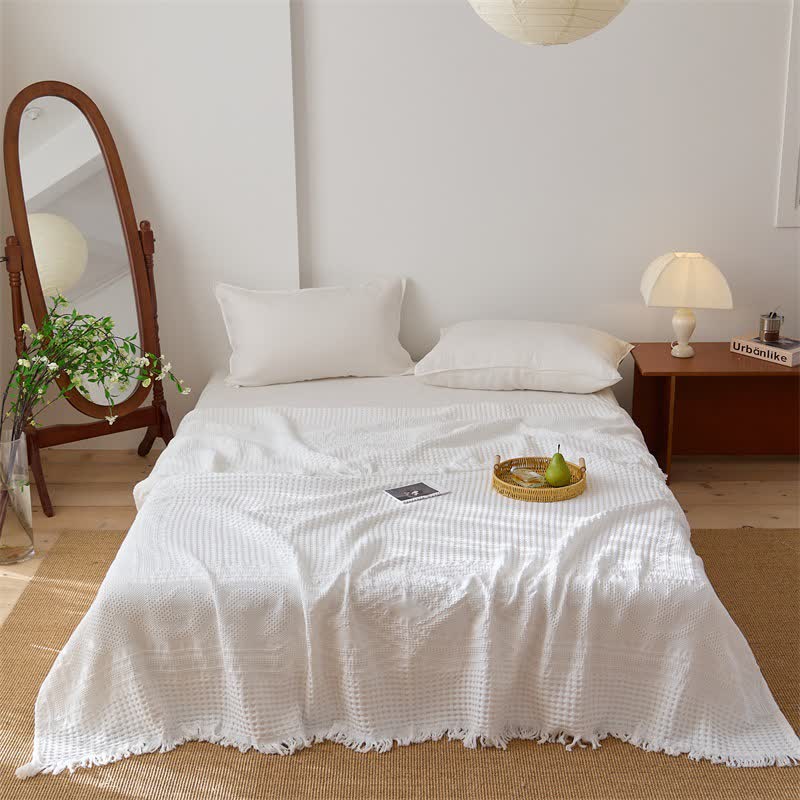 Cotton Waffle Weave Tassel Quilt Blanket - White - Queen - image 3