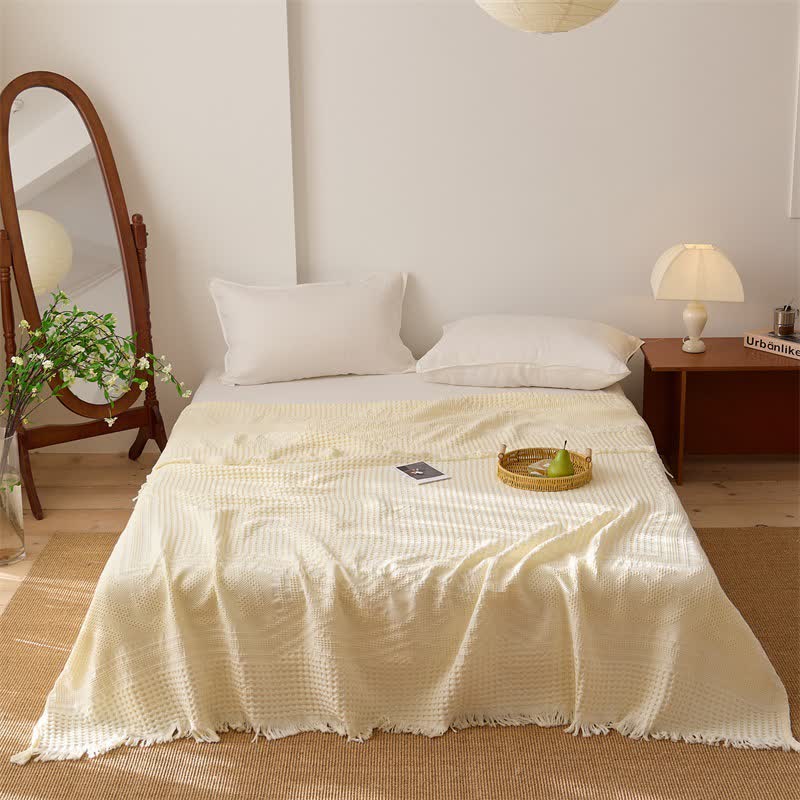 Cotton Waffle Weave Tassel Quilt Blanket - Yellow - Queen - image 4
