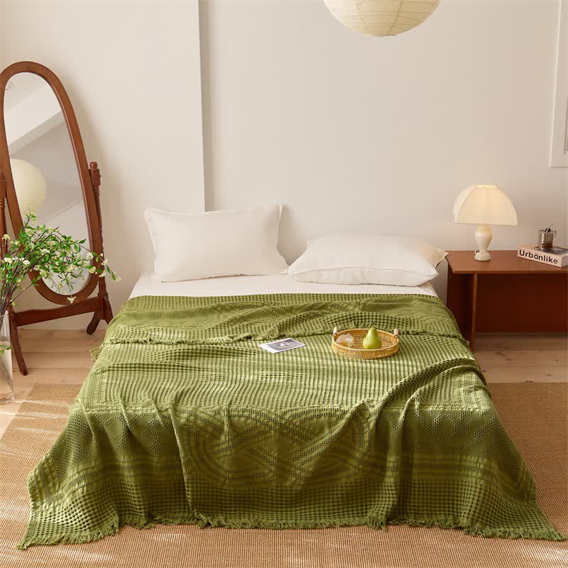 Cotton Waffle Weave Tassel Quilt Blanket - Green - Queen - image 6