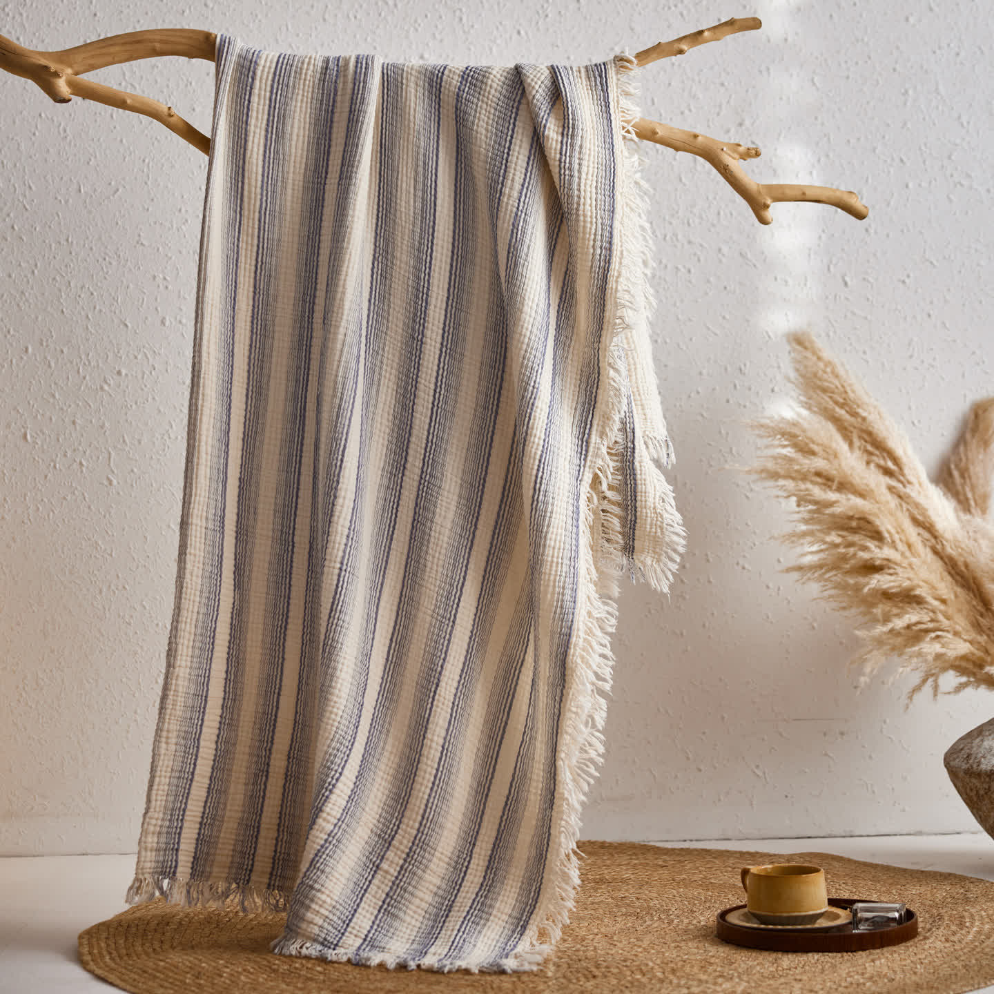 4-Layer Cotton Striped Muslin Throw - Blue - 51"W x 63"L - image 33
