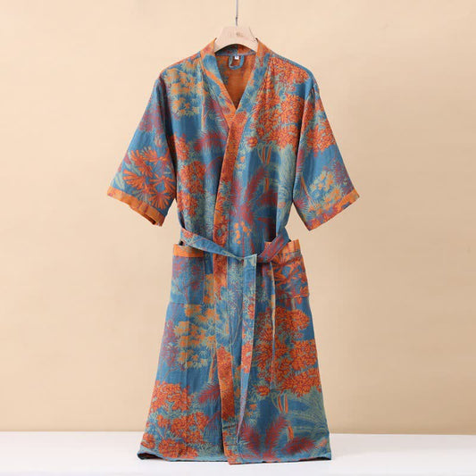 Artistic Plant Cotton Double Gauze Robe - Blue & Orange - XL - image 0