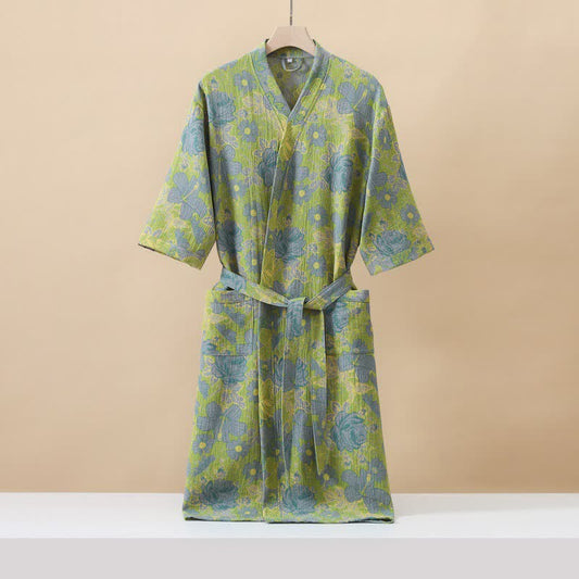 Green Floral Cotton Double Gauze Robe - Green - XL - image 0