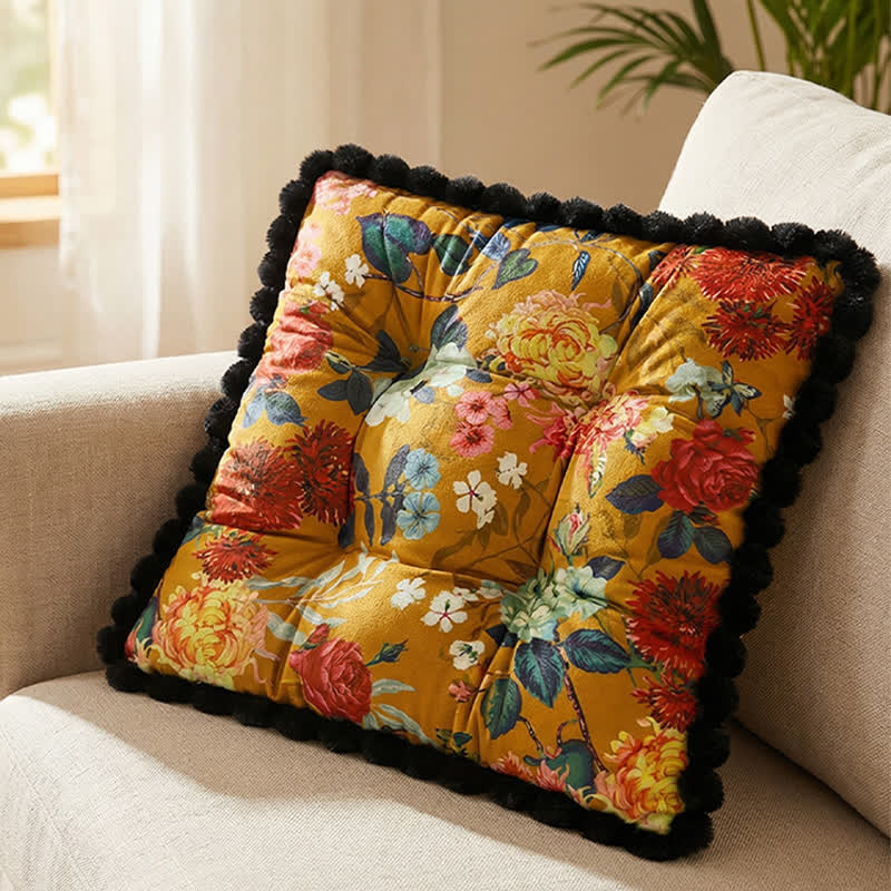 Vintage Floral Seat Cushion with Pom-Pom Trim - Yellow - 16"W x 16"L x 3"H - image 4