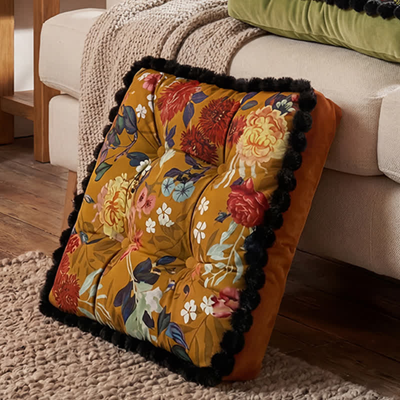 Vintage Floral Seat Cushion with Pom-Pom Trim - image 5