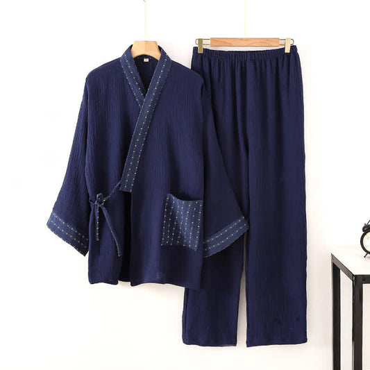 Navy Cotton Gauze Kimono Pajama Set - Navy Blue - XL - image 0