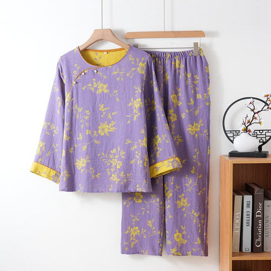 Asian Inspired Floral Cotton Pajama Set - Purple - XXL - image 0