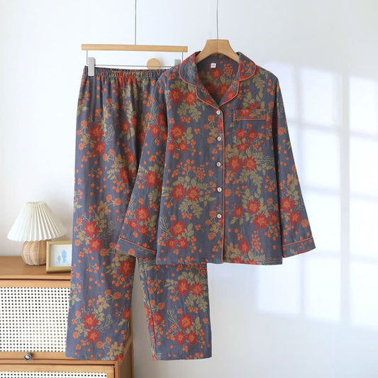 Vintage-Inspired Floral Cotton Gauze Pajamas - Gray - XXL - image 0