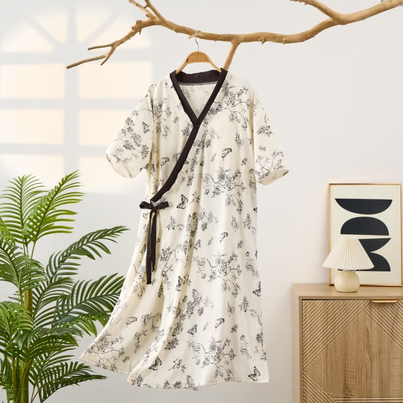 Floral Butterfly Print Padded Tie Nightgown with Pocket - image 1