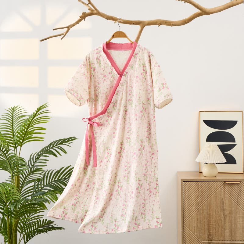 Elegant Floral Print Tie-Back Nightgown with Pocket - image 1