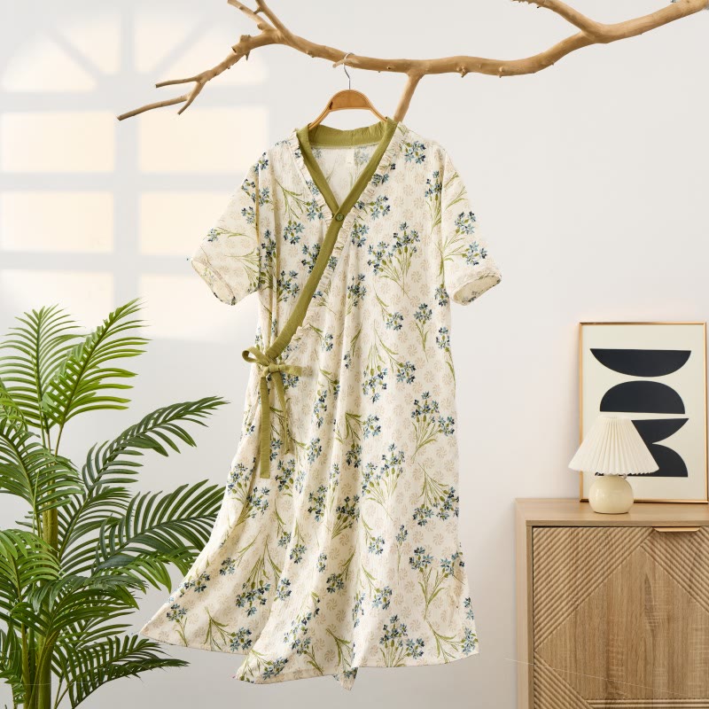 Pastoral Padded Short Sleeve Tie-Back Nightgown with Pocket - image 1