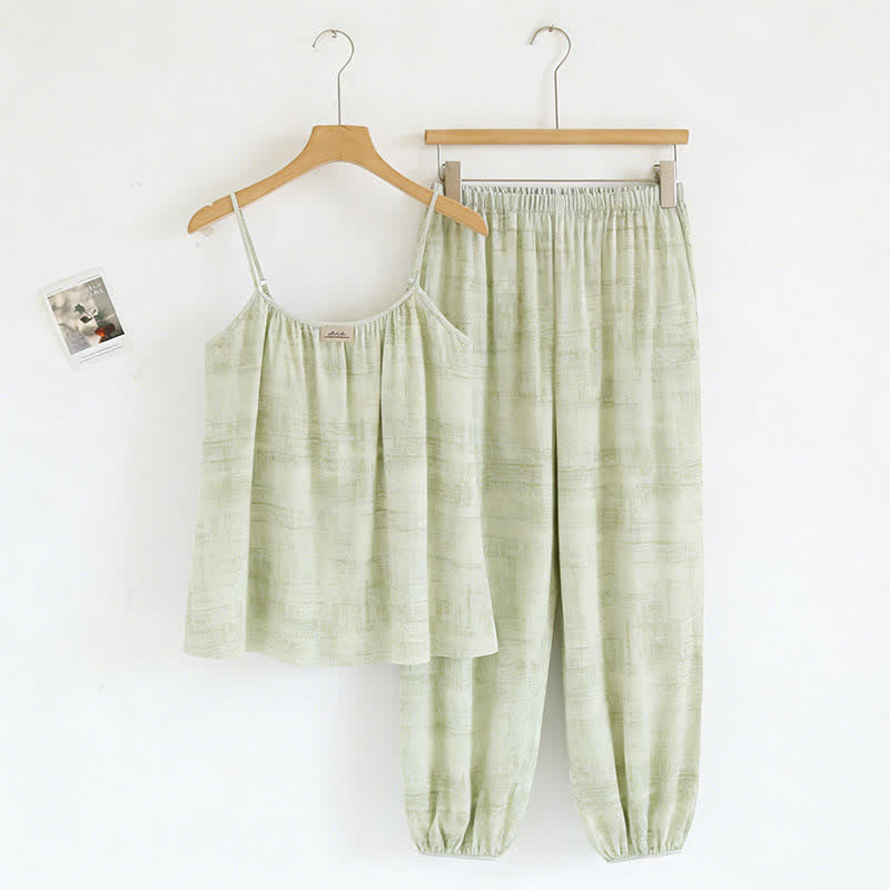 Artistic Watercolor-Inspired Cotton Camisole & Pants Sleepwear - Green - XXL - image 11