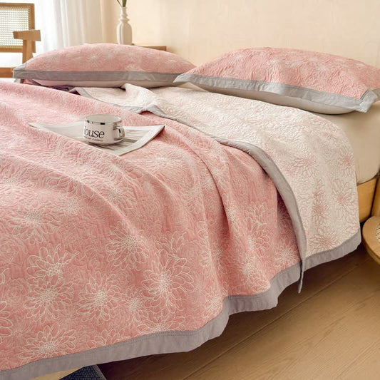 Cotton Rustic Floral Muslin Quilt Blanket - Pink - 2PCS Pillow Towels - 19" x 31" - image 0