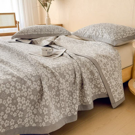 Cotton Cherry Blossom Muslin Quilt Blanket - Gray - 2PCS Pillow Towels - 19" x 31" - image 0