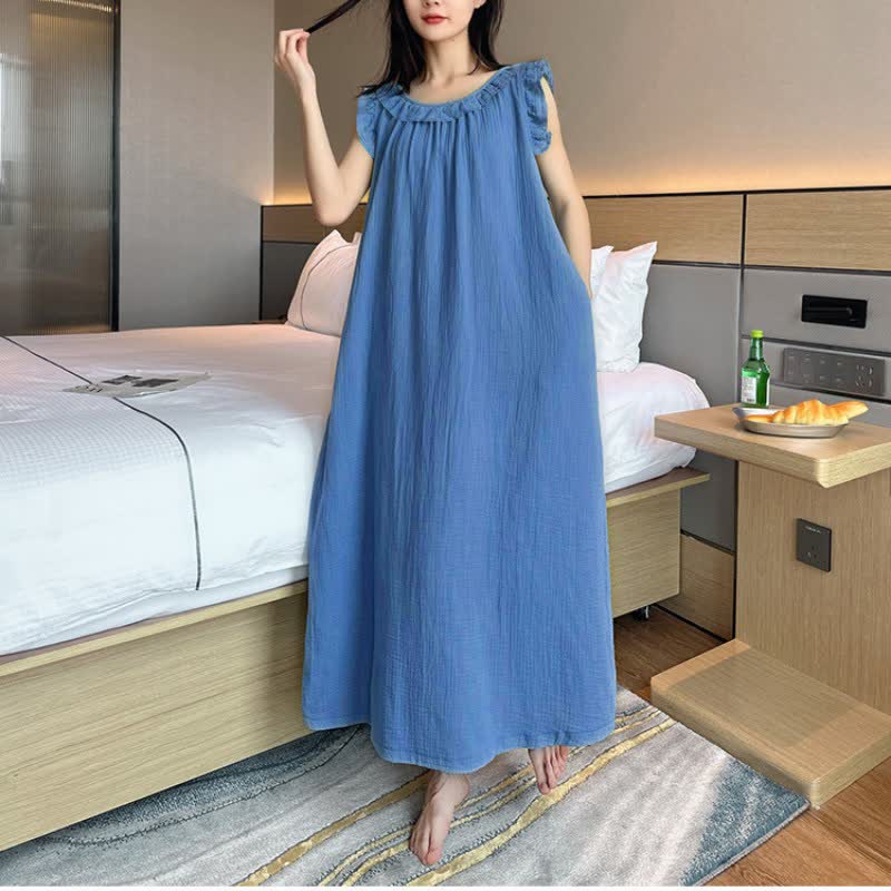 Ownkoti Plus Size Minimalist Cotton Ruffle Sleeveless Nightgown - Blue - 5XL - image 17