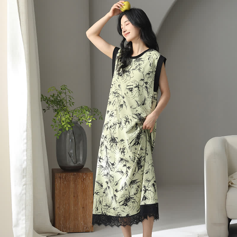 Artistic Floral Cotton Sleeveless Lace Nightgown - image 2