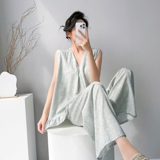 Subtle Floral Leaf Tank & Pants Pajamas - Green - XXL - image 0