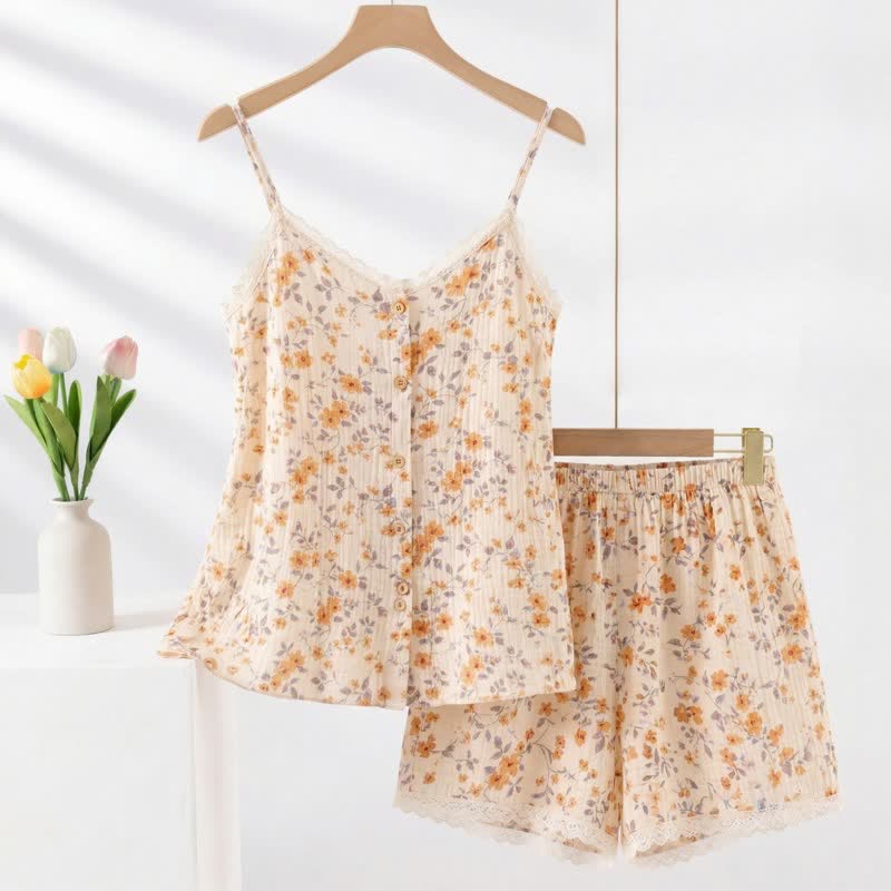 Country Style Floral Sleeveless Pajama Set - Beige - XXL - image 0